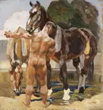 Ludvík Vacátko, Swimming with Horses, After 1900, Oil on cardboard