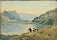 Ferdinand Hodler, Thuner- und Brienzersee mit Freiburger Stier, Circa 1888, Oil on cardboard over panel