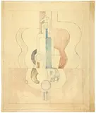 Le Corbusier, Nature morte à la guitare verticale avec siphon, bouteille, carafe, pichet, verres et pipe