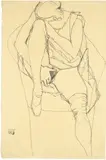 Egon Schiele, Sitzender Akt mit angezogenem rechten Bein, 1913, Pencil drawing on imitation Japan paper