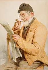 Albert Anker, Seeländerbauer beim Zeitungslesen, 1904, Watercolour on heavy watercolour paper