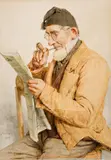 Albert Anker, Seeländerbauer beim Zeitungslesen, 1904, Watercolour on heavy watercolour paper