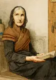 Albert Anker, Lesende Grossmutter am Ofen, 1910, Watercolour on heavy watercolour paper