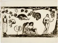 Paul Gauguin, Femmes, animaux et feuillage, Tahiti 1898, Woodcut on thin Japan paper