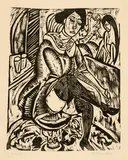 Ernst Ludwig Kirchner, Frau, Schuh zuknöpfend, 1912, Woodcut on heavy wove paper