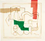 Le Corbusier, Nature morte, 1959, Pen and ink and collage of red and green paper scraps and newspaper