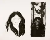 Edvard Munch, Junges Weib aus dem Quartier Latin (rechts) - Abend. Die Stimme (links) - Young Woman from the Latin Quarter (right) - Evening. The Voice (left), 1897, Lithograph on wove paper with watermark '...E - MARIE'