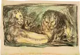 Edvard Munch, Drei Löwen - Three Lions, 1916, Lithograph, water-coloured, on yellowish ribbed  paper