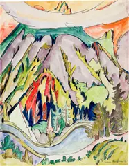 Werner Neuhaus, Davoser Bergwelt, 1926, Charcoal and watercolour on wove paper, laid down on thin cardboard