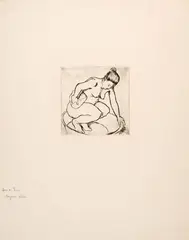 Suzanne Valadon, Catherine accroupie. - Catherine nue se coiffant. - Catherine s'épongeant, 1895 (2) and 1908, Vernis mou on BFK RIVES wove paper with watermark. – Vernis mou on laid paper with watermark "L'Ecolier / C & F". – Vernis mou and drypoint on wove paper