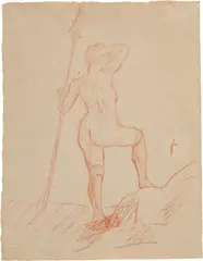 Félix Vallotton, Femme nue avec une lance sur un rocher, After 1910, Red chalk drawing on grey laid paper