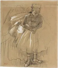 Danseuse s’inclinant by Edgar Degas, Circa 1875 to 1876, Drawing in black chalk, heightened in white, on light grey wove paper, mounted on cardboard, offered Sep 2024