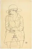 Egon Schiele, Frontansicht eines sitzenden Mädchens mit Hut - Front View of a Seated Girl with Hat, 1914, Carpenter's pencil on yellowish wove paper