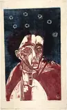 Frau in der Nacht by Ernst Ludwig Kirchner, 1919, Colour woodcut, printed from a stick in red, blue and black, two prints of the upper half of the plate on firm Japan pap, offered Sep 2024