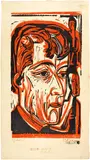 Kopf Albert Müller by Ernst Ludwig Kirchner, 1925, Colour woodcut, printed from two sticks in black (drawing stick) and red on Japan, offered Sep 2024