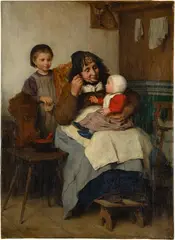 Albert Anker, Grossmutter, ihrem Enkelkind die Suppe gebend, 1868, Oil on canvas