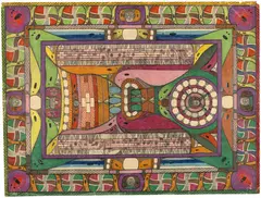Adolf Wölfli, Erklärung hiesiges Bild: Durch allerlei Zierathen verdeckt, zeigt einen ganz kleinen Theil, der respektablen Felsen-Wand-Festung Namuhr an der Südseite des belgischen Z., 1926, Colour chalks and pencil on wove paper