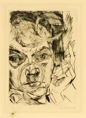 Der Raucher (Selbstbildnis) by Max Beckmann, 1916, Drypoint mounted on paper with watermark "VAN GELDER ZONEN", on the reverse stamp "GRAPH. CABINET MUNICH", offered Sep 2024