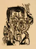 Kopf Dichter Leonhard Frank II - Frank mit schreiendem Weib by Ernst Ludwig Kirchner, 1917, Woodcut on cream-coloured blotting with embossed print "ASOKA", offered Sep 2024
