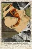 Kurt Schwitters, Ohne Titel (Collagierte Bildpostkarte "Das grosse Ichbild"), 1923 (24.9.1923), Collage on postcard "Das grosse Ichbild (Merzbild)" with writing in ink, addressed to J.J.P. Oud, franking over 450,000 Reichsmark on the back