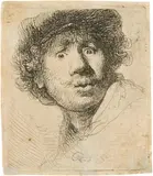 Rembrandt Harmensz van Rijn, Selbstbildnis mit Mütze, aufgerissenen Augen und geöffnetem Mund - Self-Portrait in a Cap, Wide-eyed and Open-mouthed