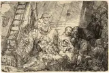 Die Beschneidung im Stall, Breitformat - The Circumcision in the Stable by Rembrandt Harmensz van Rijn, 1654, Etching on laid paper with watermark "Foolscap with Seven-Pointed Collar" (Hinterding variant K-a-c), offered Sep 2024
