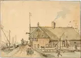 Hendrick Avercamp - Zugeschrieben, Wirtshaus "In de Schwan" auf dem Weg am Kanal zwischen Amsterdam und Haarlem, reich staffiert, am Giebel mit dem Wappen von Amsterdam, flankiert von zwei Schwänen, Circa 1625, Pen and ink, watercolour in various colours, on laid paper, with watermark "P I S"