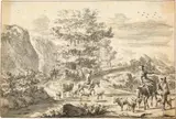 Italienische Landschaft, mit Hirten an einer Furt by Nicolaes Berchem - Umkreis, Circa 1660, Black chalk with grey brush wash on laid paper with watermark "Foolscap with Seven-Pointed Collar" (similar to Laurentiu, offered Sep 2024