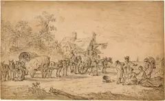 Jan van Goyen, Drei Pferdewagen und andere Figuren vor einer Herberge, 1651, Black chalk on laid paper