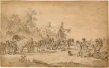 Jan van Goyen, Drei Pferdewagen und andere Figuren vor einer Herberge