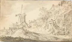 Jan van Goyen, Windmühle, Bauernhäuser und Gebüsch, 1653, Black chalk with grey ink wash on laid paper with watermark "Horn" (Beck, ill. 9 and 10)