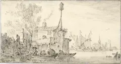 Jan van Goyen, Landende Boote mit Staffage vor einem Haus mit Taubenschlag, 1651, Black chalk, the front lightly washed in brush and ink on laid paper with watermark "Foolscap with Five-Pointed Collar"
