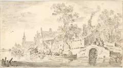 Jan van Goyen, Holländische Stadt an einem Ufer, rechts mit vier Figuren auf einer Brücke, in der Ferne ein Kirchturm, 1653, Black chalk with brush wash in ink on laid paper with watermark "Horn" (ill. in Beck, p. 328, no. 10)