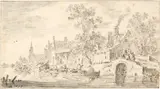 Jan van Goyen, Holländische Stadt an einem Ufer, rechts mit vier Figuren auf einer Brücke, in der Ferne ein Kirchturm