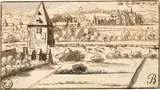 Josua de Grave, Landschaft mit Wehrturm, Schloss und Dorf, 1666, Pen and bister with grey wash over a fine chalk preparatory drawing on thin laid paper