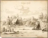Josua de Grave, Soldatenlager bei Lembeek, mit Blick auf die Lagermetzgerei, 2 August 1675, Pen and brown ink in bister, slightly washed in bister, on laid paper