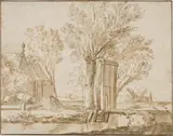 Johannes Leupenius - Zugeschrieben, Bauernhaus an einem Kanal, mit grosser Weide und Eingangstor, Circa 1680, Brush in bister on laid paper, with a partly visible watermark "IHS with Cross"
