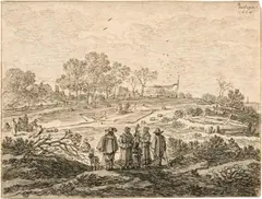 Pieter Molijn, Vogelfänger auf freiem Feld, im Vordergrund fünf Figuren, 1654, Black chalk, washes in ink with a brush, on laid paper