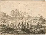 Pieter Molijn, Vogelfänger auf freiem Feld, im Vordergrund fünf Figuren, 1654, Black chalk, washes in ink with a brush, on laid paper