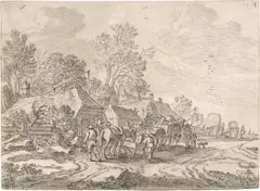 Pieter Molijn, Vor einem Wirtshaus an einer Landstrasse, mit Reisenden und beladenen Pferdekarren, 1654/55, Black chalk, washed in grey with a brush, on laid paper with watermark "Foolscap with Five-Pointed Collar"