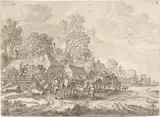 Pieter Molijn, Vor einem Wirtshaus an einer Landstrasse, mit Reisenden und beladenen Pferdekarren, 1654/55, Black chalk, washed in grey with a brush, on laid paper with watermark "Foolscap with Five-Pointed Collar"