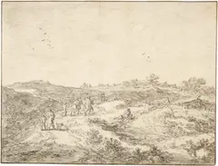 Pieter Molijn, Reiter und Fussgänger auf ansteigendem Dünenhügel, Circa 1650, Black chalk, washed in grey with a brush, on firm laid paper