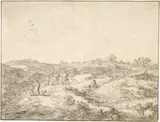 Pieter Molijn, Reiter und Fussgänger auf ansteigendem Dünenhügel, Circa 1650, Black chalk, washed in grey with a brush, on firm laid paper