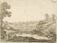 Pieter Molijn, Hügeliges Gelände, mit Sicht auf ein Dorf, links vorne Reiter mit Begleiter, Circa 1650, Black chalk, washed with a brush in grey ink, on laid paper