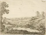 Pieter Molijn, Hügeliges Gelände, mit Sicht auf ein Dorf, links vorne Reiter mit Begleiter, Circa 1650, Black chalk, washed with a brush in grey ink, on laid paper