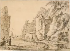 Herman Saftleven, Von Felsen umgebene kleine Meeresbucht, links zwei Männer an einem Boot, 1648-1652, Black chalk, reworked in places with a brush in grey ink and bister, on laid paper