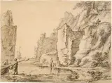 Herman Saftleven, Von Felsen umgebene kleine Meeresbucht, links zwei Männer an einem Boot, 1648-1652, Black chalk, reworked in places with a brush in grey ink and bister, on laid paper