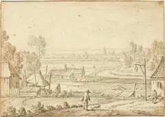 Herman Saftleven, Holländische Landschaft - Blick von einem leicht erhöhten und mit Häusern umgebenen Standpunkt in eine Ebene, Circa 1650, Brownish chalk, washed with bister in light brown, on laid paper