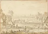 Herman Saftleven, Holländische Landschaft - Blick von einem leicht erhöhten und mit Häusern umgebenen Standpunkt in eine Ebene, Circa 1650, Brownish chalk, washed with bister in light brown, on laid paper