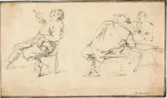 David Teniers d.J., Zwei Männer, an einem flachen Tisch sich unterhaltend, links mit einem Raucher auf einem Stuhl sitzend, Circa 1660, Black pen, with framing line in pen and ink on laid paper
